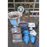 AN EARLY 20TH CENTURY CAST IRON URN ON A DISTRESSED STAND diameter 45cm x height 104cm, six blue