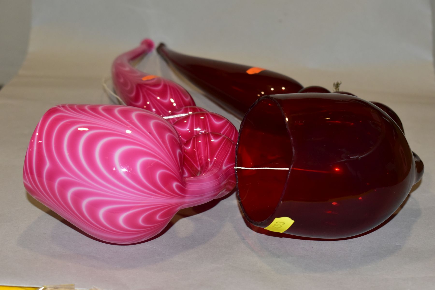 TWO 19TH CENTURY COLOURED GLASS OVERSIZED PIPES, one in ruby glass, the other in opaque pink with - Image 13 of 15