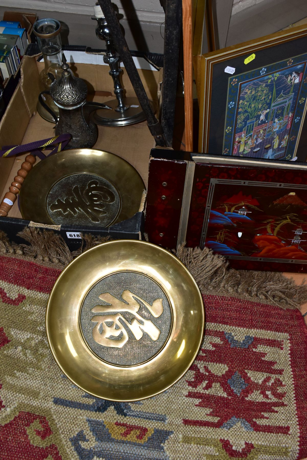A BOX AND LOOSE OF ORIENTAL MIDDLE EASTERN METALWARES, PICTURES, etc, including a pair of brass
