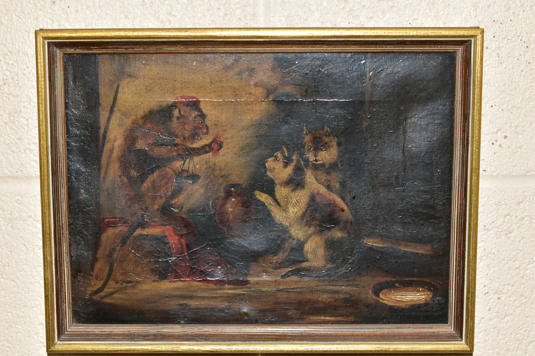 TWO 19TH CENTURY SCHOOL OILS ON CANVAS, the first depicts a dog wearing a red jacket torturing a cat