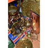 TWO BOXES AND LOOSE BRASS AND COPPER WARES to include coal scuttle, brass charger depicting a tavern