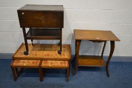 AN TEAK AND TILE TOP NEST OF THREE/COFFEE TABLES, width 95cm x depth 48cm x height 41cm, an oak drop