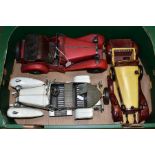 ONE BOX CONTAINING THREE MODEL CARS, white metal model of a vintage Rolls Royce, unmarked,