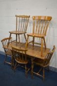 AN OAK EFFECT DROP LEAF KITCHEN TABLE,four spindle back chairs and five similar kitchen chairs (four