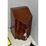 A GEORGE III STYLE MAHOGANY SERPENTINE FRONTED KNIFE BOX SHAPED TEA CADDY, the hinged lid inlaid