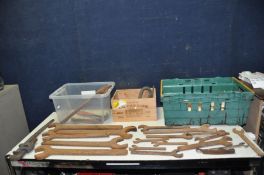 TWO TRAYS CONTAINING VINTAGE IMPERIAL SINGLE ENDED SPANNERS, a Record 24 Stilson, various sockets