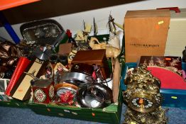 FOUR BOXES AND LOOSE METALWARES, CLOCKS, ORNAMENTS, HOMEWARES ETC, to include vintage Bernina sewing