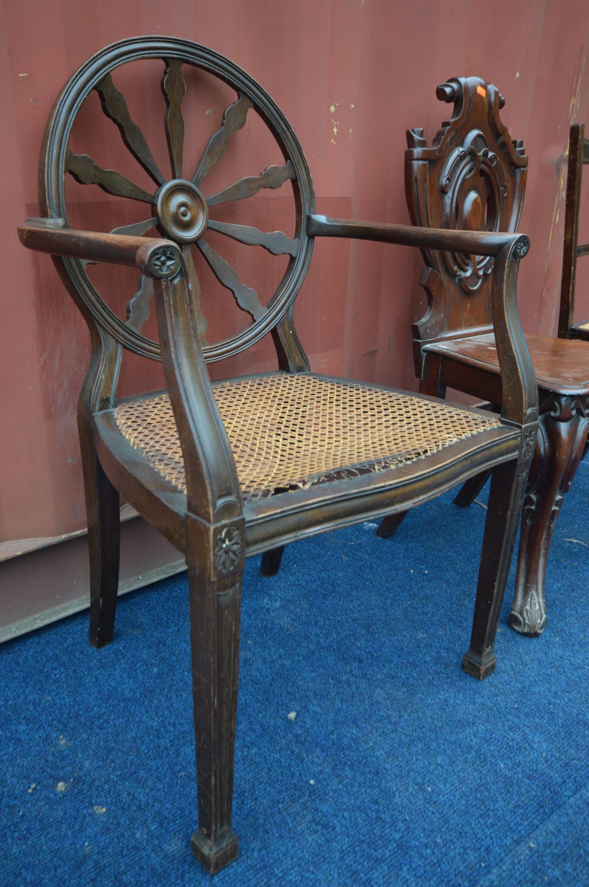 A FRENCH STYLE OPEN ARMCHAIR with a circular wheel back and bergère seat (Sd) a Victorian mahogany - Image 2 of 3