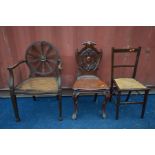 A FRENCH STYLE OPEN ARMCHAIR with a circular wheel back and bergère seat (Sd) a Victorian mahogany