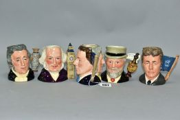 FIVE ROYAL DOULTON CHARACTER JUGS, comprising a two faced Sir Henry Doulton and Michael Doulton