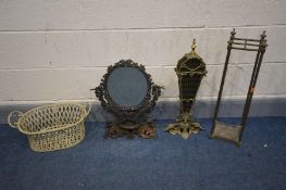 FOUR VARIOUS PIECES OF METALWARE, to include a an open foliate swinging dressing mirror, a brass fan