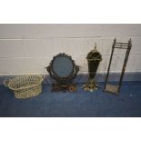 FOUR VARIOUS PIECES OF METALWARE, to include a an open foliate swinging dressing mirror, a brass fan