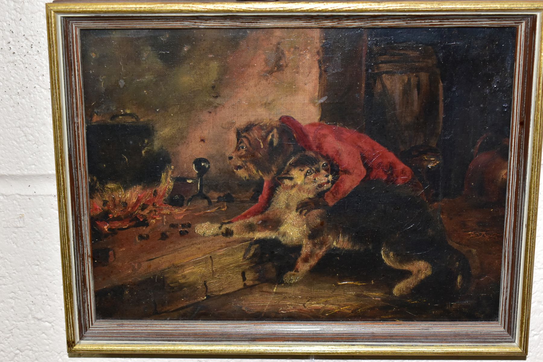 TWO 19TH CENTURY SCHOOL OILS ON CANVAS, the first depicts a dog wearing a red jacket torturing a cat - Image 2 of 4