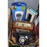 ONE BOX CONTAINING A VINTAGE TELEPHONE, TRANSISTOR RADIO AND TWO LABEL MAKERS, comprising a
