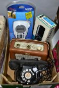 ONE BOX CONTAINING A VINTAGE TELEPHONE, TRANSISTOR RADIO AND TWO LABEL MAKERS, comprising a