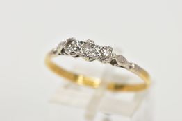 A MID 20TH CENTURY THREE STONE DIAMOND RING, three single cut diamonds illusion set, estimated