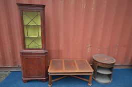 A FRENCH MAHOGANY COFFEE TABLE, length 107cm x depth 66cm x height 41cm, a mahogany circular table