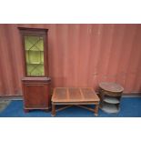 A FRENCH MAHOGANY COFFEE TABLE, length 107cm x depth 66cm x height 41cm, a mahogany circular table