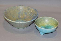 RUSKIN POTTERY two crystalline glaze bowls, the first has a pale blue crackle glaze to the inside