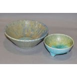 RUSKIN POTTERY two crystalline glaze bowls, the first has a pale blue crackle glaze to the inside