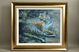 ROLF HARRIS (AUSTRALIA 1930) 'LEOPARD RECLINING AT DUSK' limited edition print on canvas 138/195,