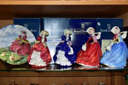 FOUR BOXED ROYAL DOULTON LADIES AND A COLLECTORS CLUB PLATE, comprising limited edition Top O'The