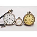 A SILVER OPEN FACED POCKET WATCH AND TWO OTHERS, round white dial, Roman numerals, blue hands,