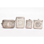 FOUR EDWARDIAN SILVER VESTAS, two with engraved foliate designs and vacant cartouches, one with an