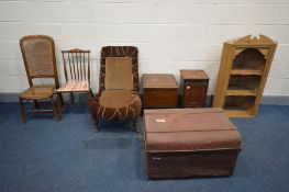 A PINE OPEN HANGING CORNER CUPBOARD, along with an Edwardian oak purdonium, mahogany commode, tin