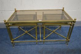 A BRASS AND GLASS COFFEE/NEST OF THREE TABLES, length 90cm x depth 48cm x height 49cm