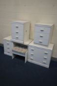 A FIVE PIECE WHITE BEDROOM SUITE, comprising a chest of three drawers, dressing table, stool and a