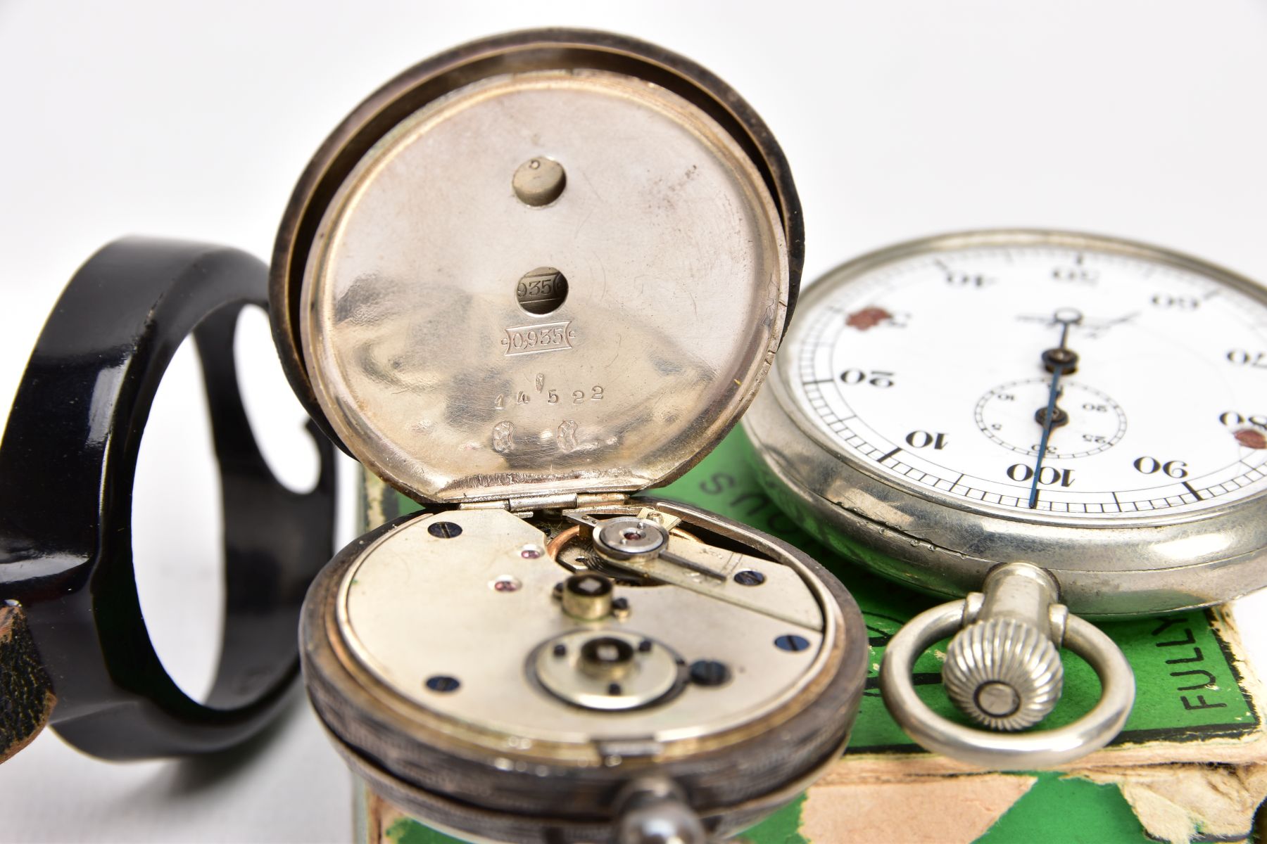 A SILVER OPEN FACE POCKET WATCH, A STOP WATCH AND AN ALBERT CHAIN, the pocket watch with a round - Image 6 of 6