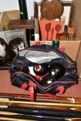 TWO BOXES AND LOOSE PICTURES, LPs, CLOCKS, SPORTING EQUIPMENT etc, to include a Malacca walking