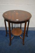 AN EDWARDIAN CIRCULAR MAHOGANY AND STRUNG INLAID OCCASIONAL TABLE, on six legs united by a