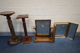 A GEORGIAN MAHOGANY SWING MIRROR, along with a teak triple dressing mirror, and two torchere