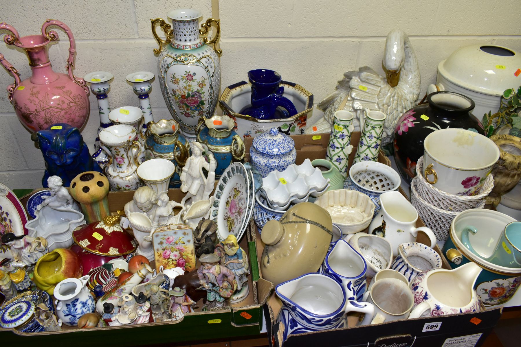 TWO BOXES AND LOOSE 19TH AND 20TH CENTURY ART POTTERY, etc to include various jardinieres and
