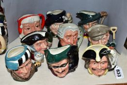 NINE SMALL ROYAL DOULTON CHARACTER JUGS, Capt Henry Morgan D6469, Dick Turpin D6535, The Falconer