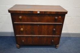 A VICTORIAN FLAME MAHOGANY CHEST OF THREE LONG GRADUATED DRAWERS, with turned handles and feet,