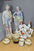 TWO VICTORIAN STAFFORDSHIRE POTTERY FIGURES, FOUR PIECES OF MOTTOWARE, ETC, comprising a pair of