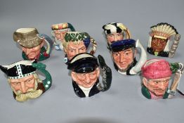 NINE SMALL ROYAL DOULTON CHARACTER JUGS, The Lumberjack D6613, North American Indian D6614, The