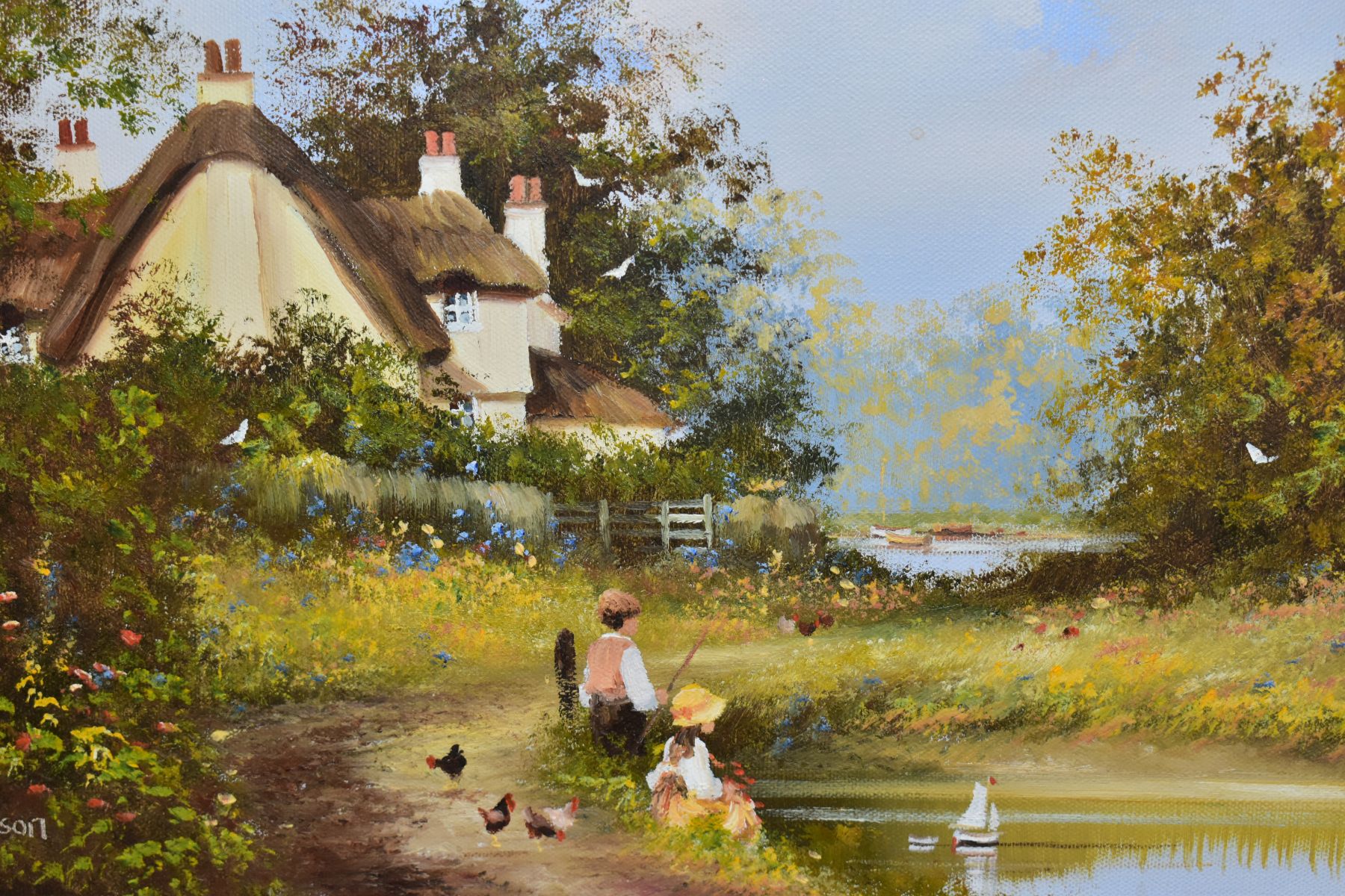 LES PARSON (BRITISH 1945), two nostalgic themed oils on canvas, the first depicts children fishing - Image 3 of 7