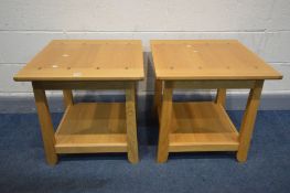 A PAIR OF LIGHT OAK OCCASSIONAL TABLES, 57cm squared x height 58cm