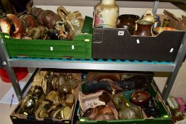 FOUR BOXES OF CERAMICS, TREEN, CLOCKS, METALWARES AND ELEPHANT ORNAMENTS, etc to include twelve