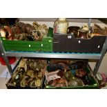 FOUR BOXES OF CERAMICS, TREEN, CLOCKS, METALWARES AND ELEPHANT ORNAMENTS, etc to include twelve