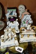 FIVE LATE 19TH/EARLY 20TH CENTURY FAIRINGS, A GERMAN GLAZED PORCELAIN SPANIEL AND A VICTORIAN