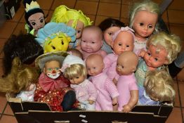 A BOX OF SIXTEEN MODERN AND LATE 20TH CENTURY DOLLS, makers to include Palitoy, Chad Valley,