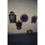 FOUR VARIOUS WALL MIRRORS, to include an ornate gilt circular mirror, a heavy open foliate mirror,