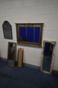 A FRENCH STYLE GILT EFFECT OVERMANTEL MIRROR, 102cm x 76cm, along with three other wall mirrors