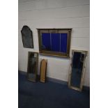 A FRENCH STYLE GILT EFFECT OVERMANTEL MIRROR, 102cm x 76cm, along with three other wall mirrors