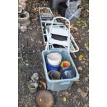 A COLLECTION OF GARDEN ITEMS including four step ladders, two wire baskets etc (10+)